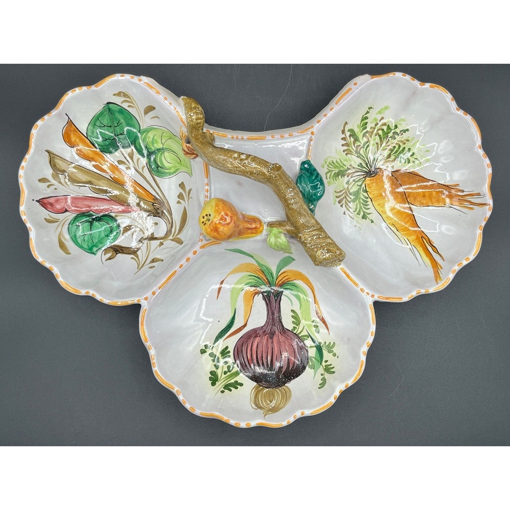 Vtg Italian Ceramic Vegetable Divided Serving Dish Hand Painted Majolica 13x10.5